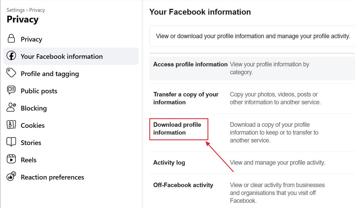 your facebook information dowload archive