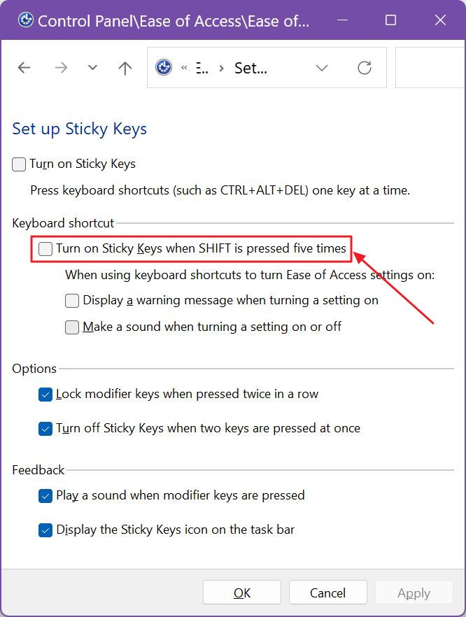 contol panel sticky keys advanced options