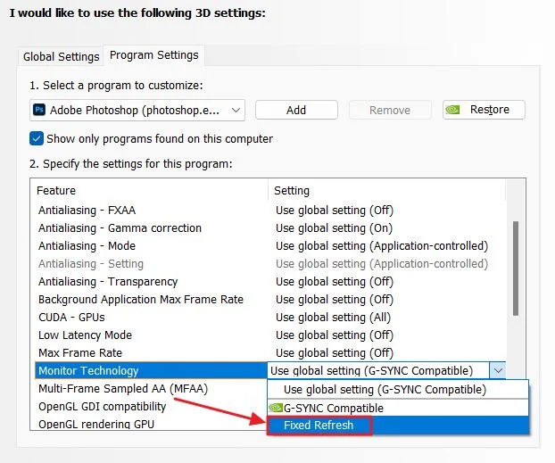 nvidia control panel 3d settings monitor technology fixed refresh