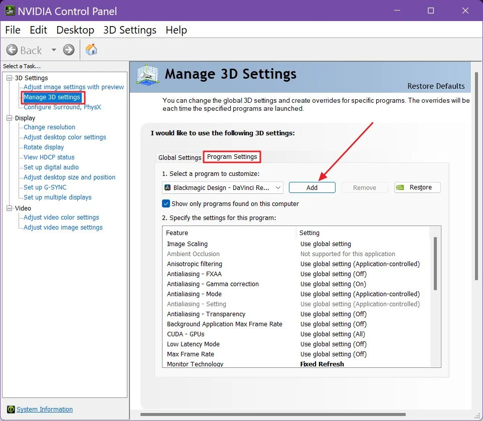 nvidia control panel 3d settings program