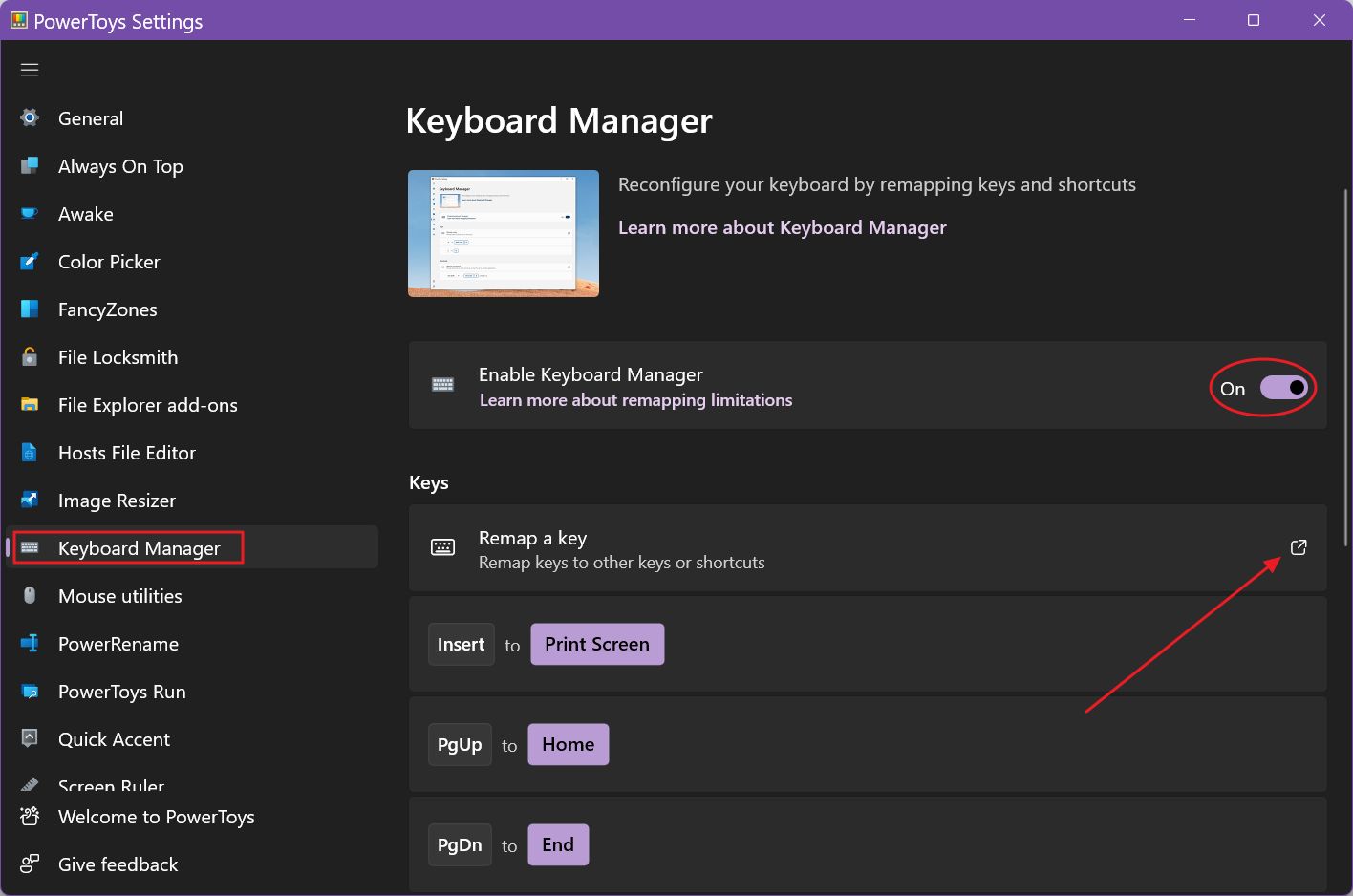 powertoys keyboard manager panel