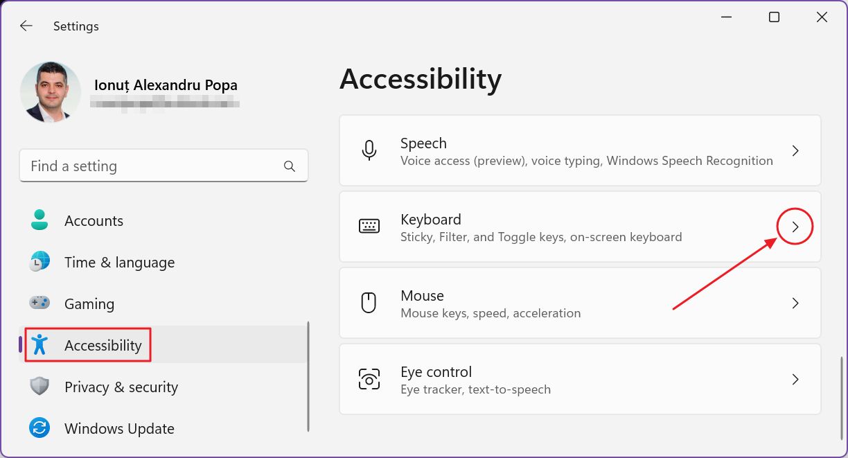 windows settings accesibility keyboard
