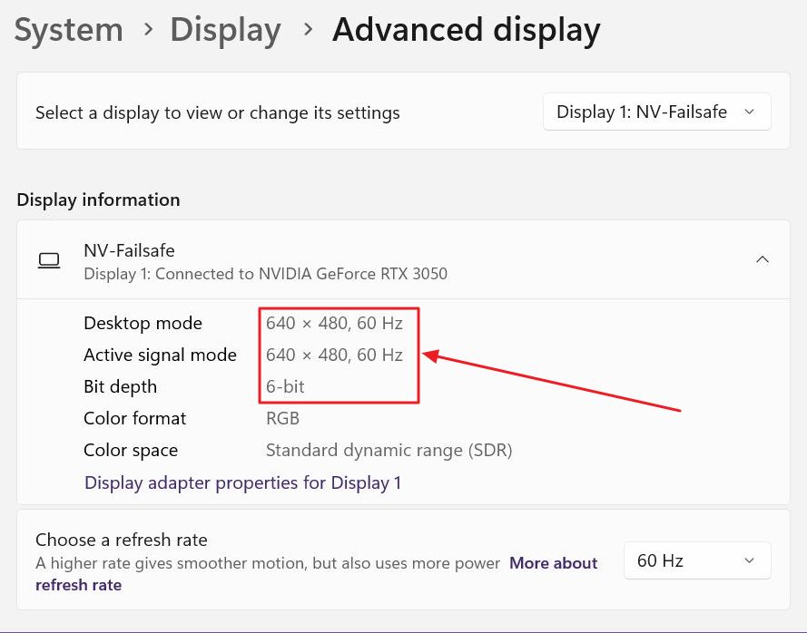 windows settings advanced display nvidia nv failsafe