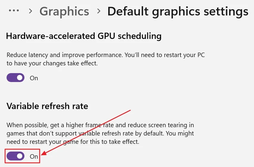 windows settings change default graphics settings variable refresh rate