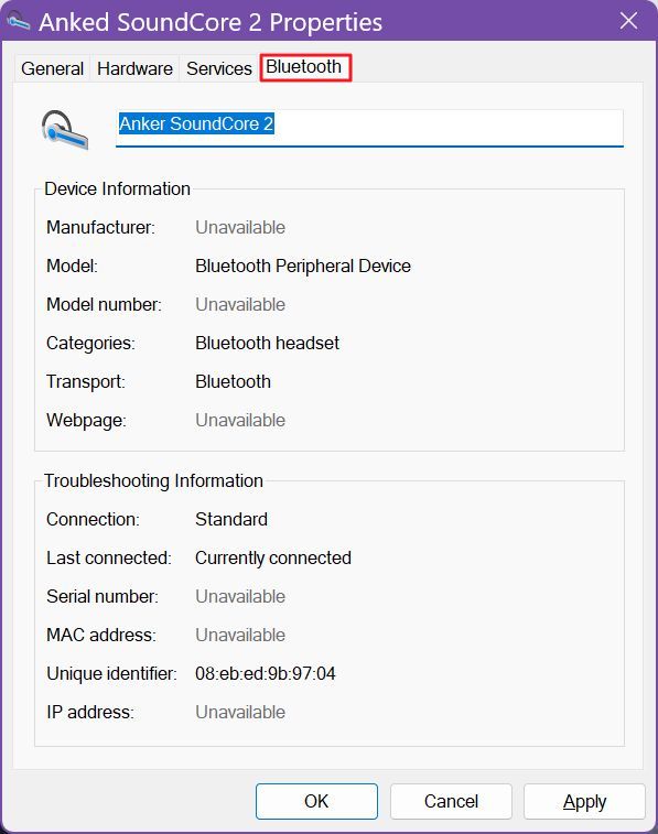 nom de l'appareil bluetooth