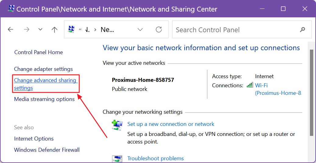 panel de control cambiar la configuración avanzada de compartir