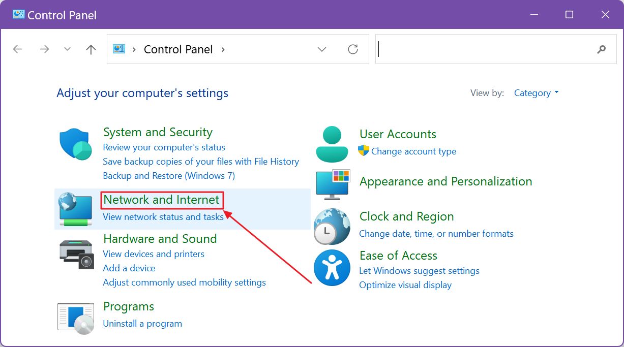 control panel network and internet