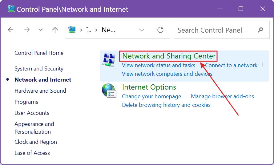 control panel network and sharing center