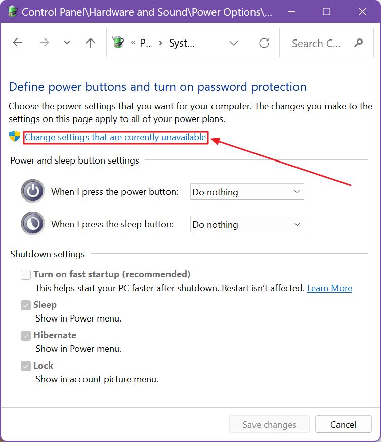 control panel power options change settings that are currently unavailable
