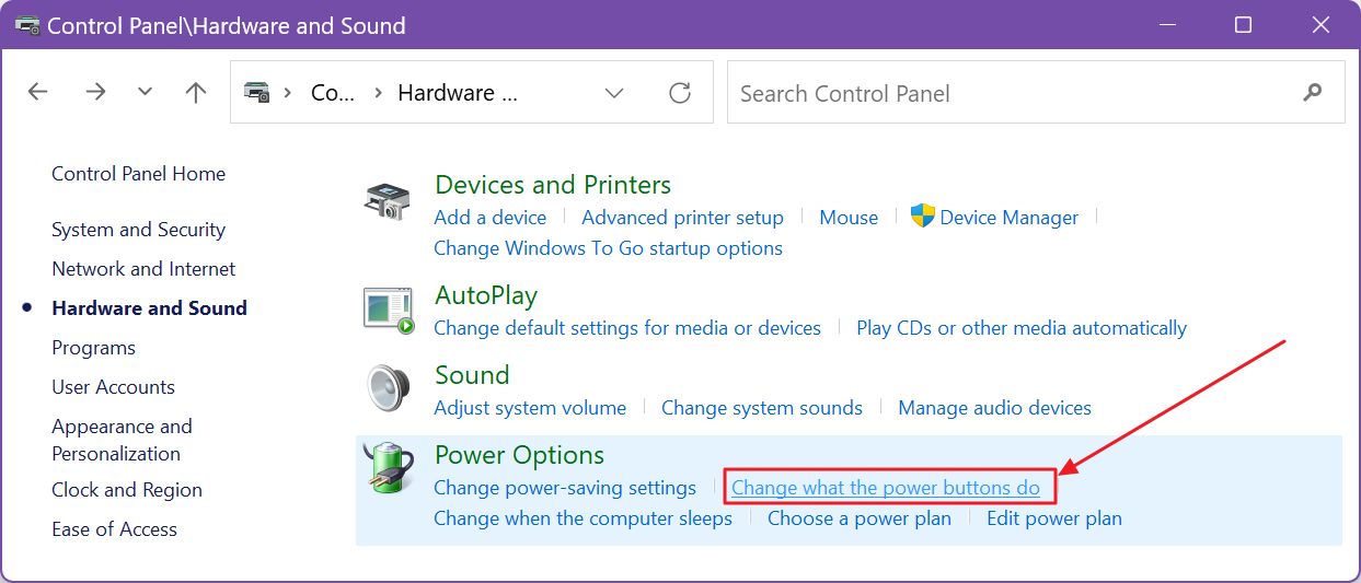 control panel power options