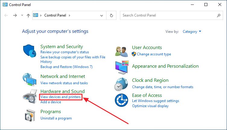 control panel view devices and printers