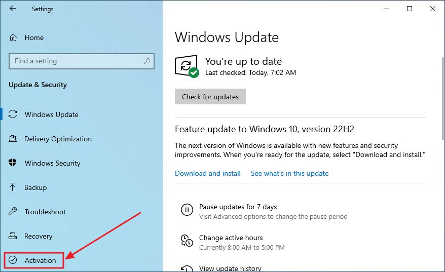 windows 10 settings update activation