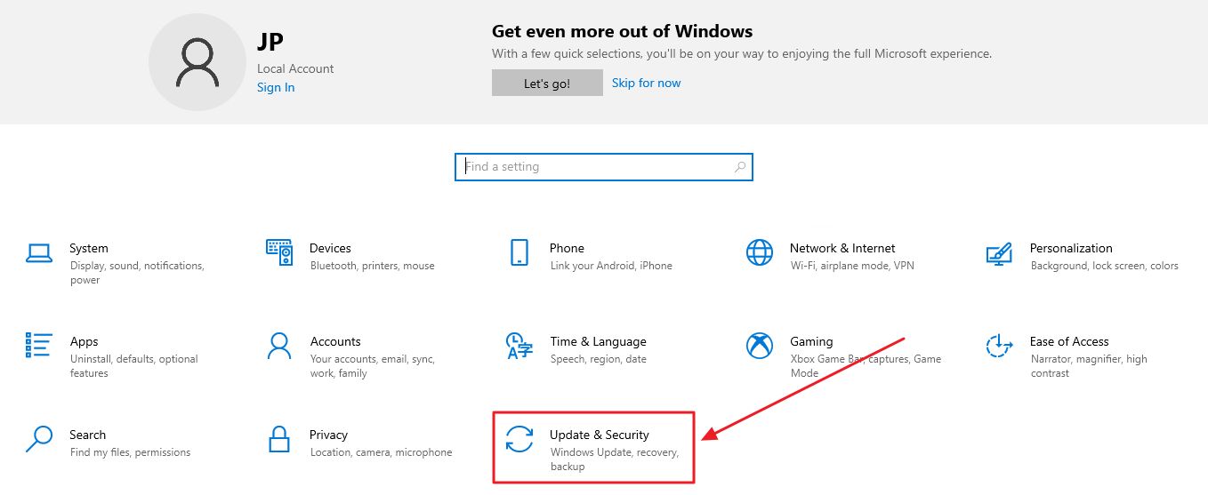 windows 10 settings update and security