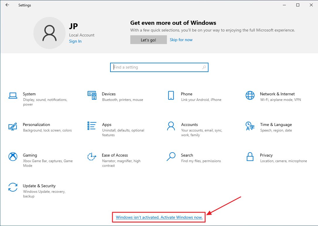windows 10 settings windows not activated