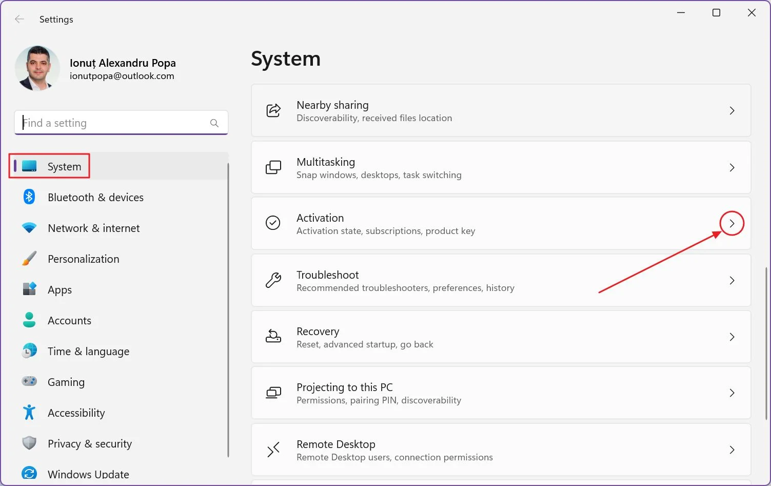 windows 11 settings system activation