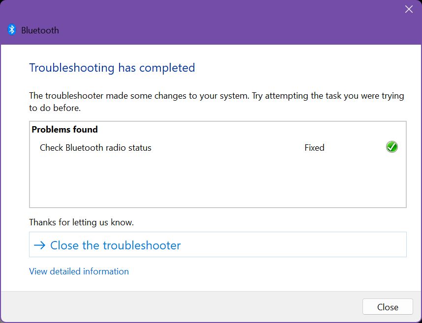 windows bluetooth troubleshooting has completed