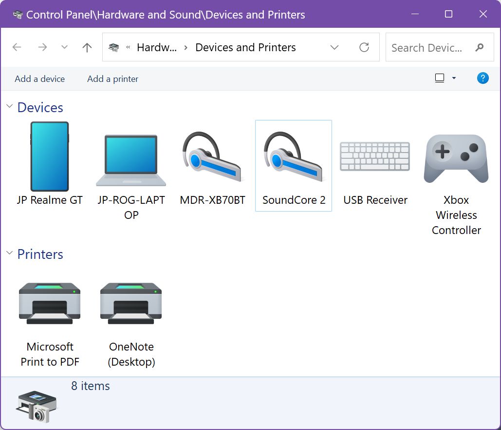 windows control panel devices and printers