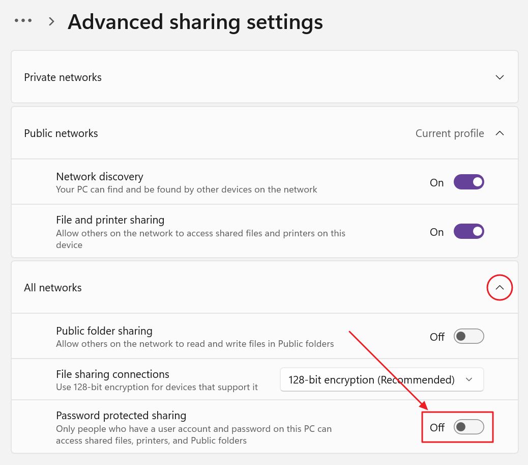 windows settings password protected sharing