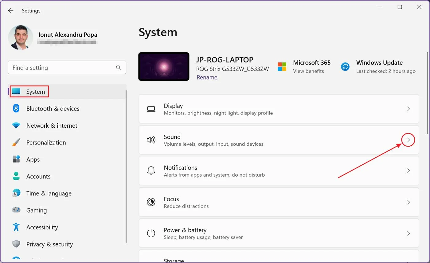 windows settings system sound