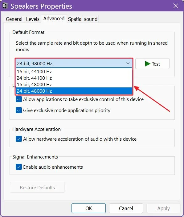 windows sound device format sample rate
