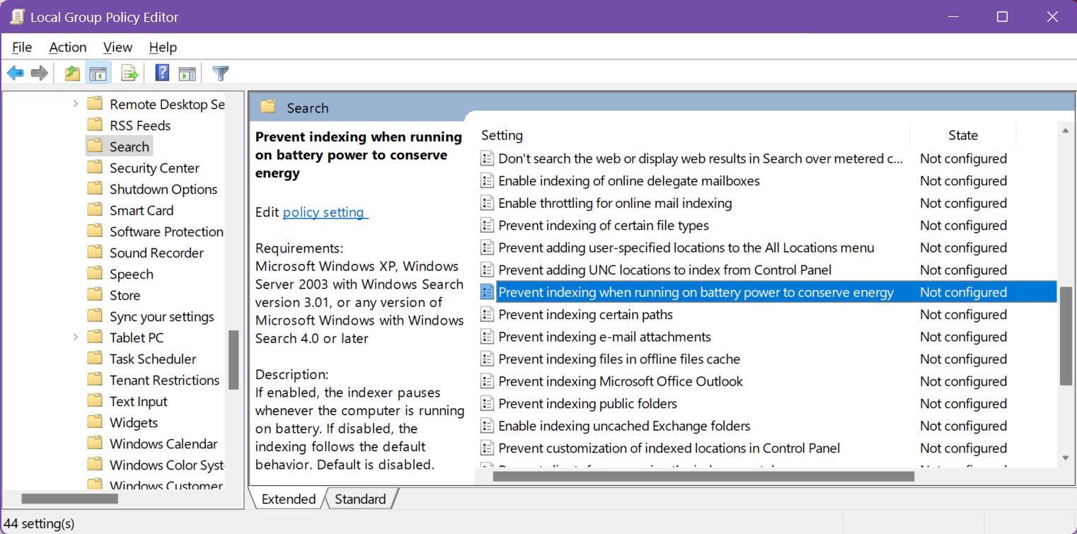 local group policy editor prevent indexing on battery power to conserve energy