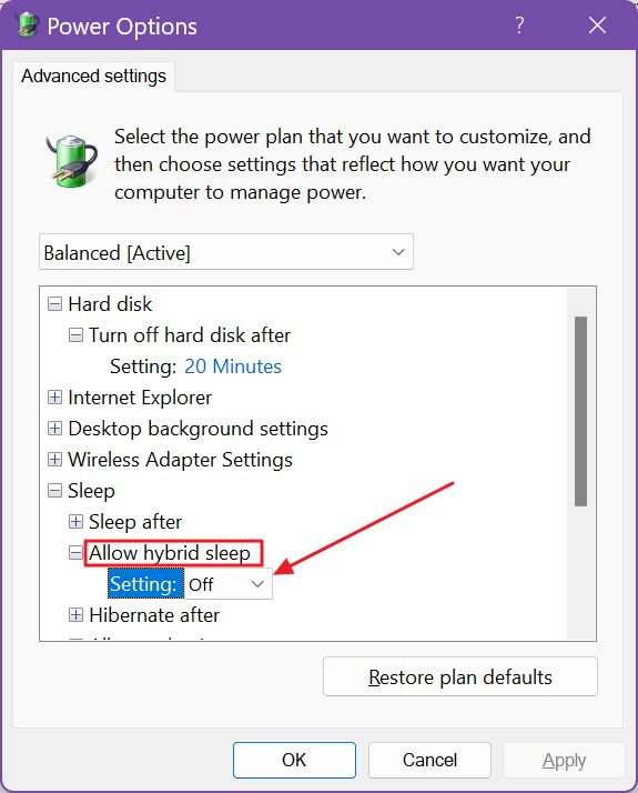 windows power plan settings allow hybrid sleep