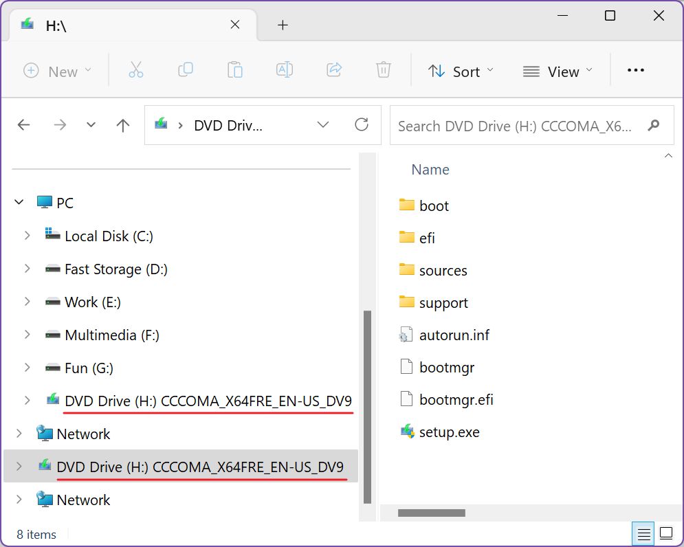 file explorer disk image as optical drive with contents