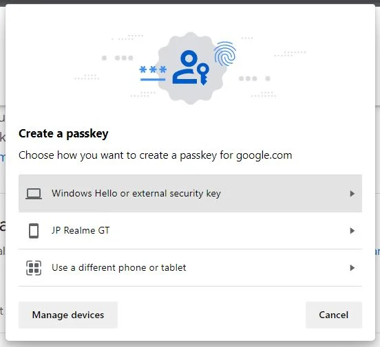 google create passkey options