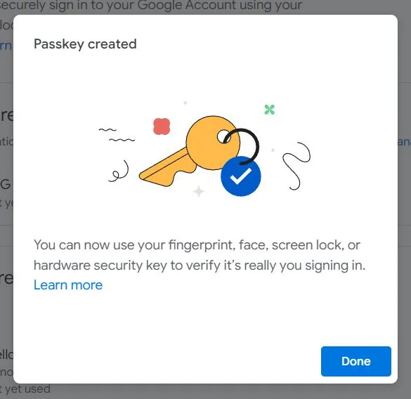 google passkey created
