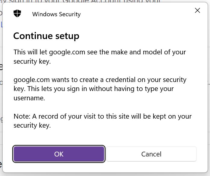 google passkey windows security key setup continue