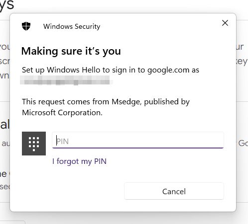 google passkeys microsoft windows hello pin prompt