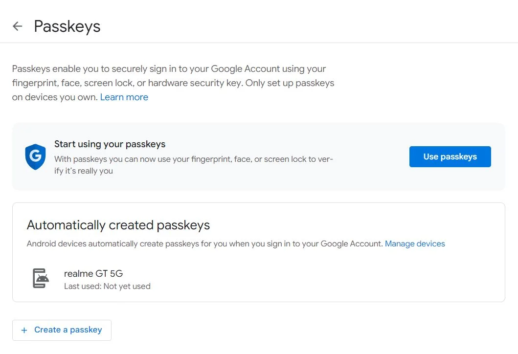 google passkeys start using
