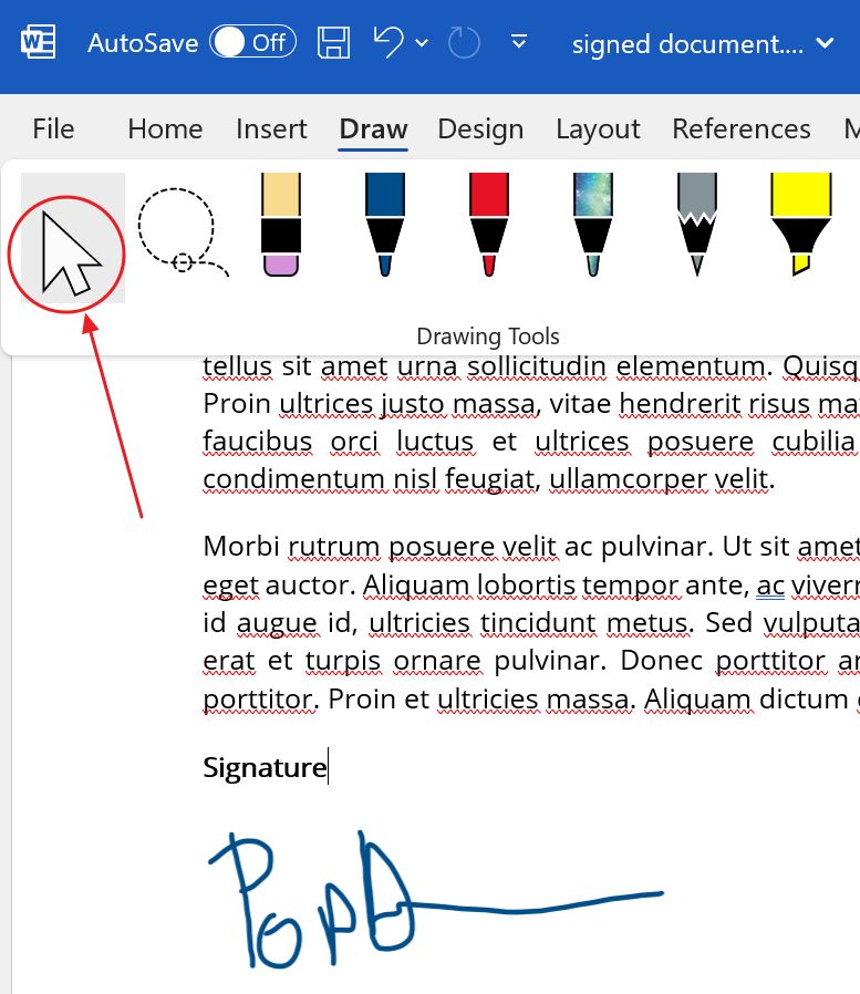 microsoft word digital drawn signature