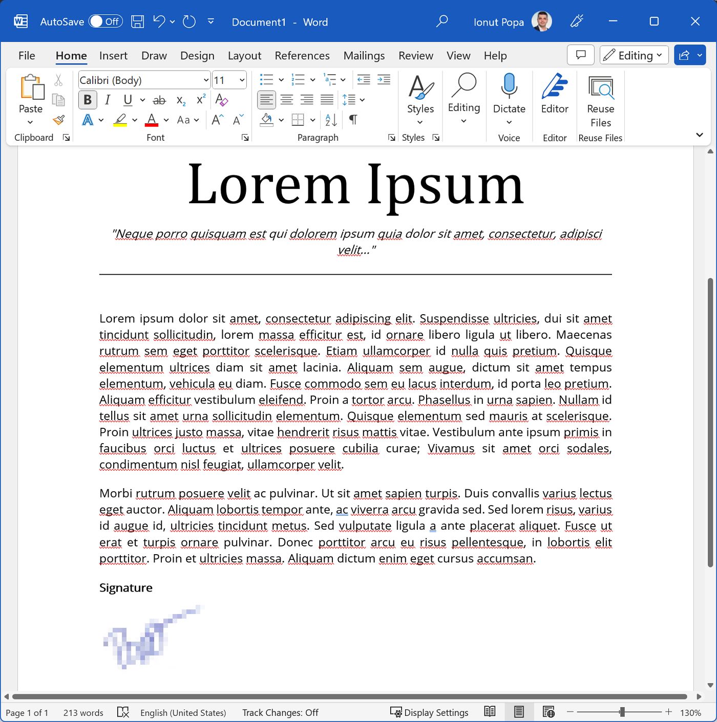 microsoft word document with handwritten signature