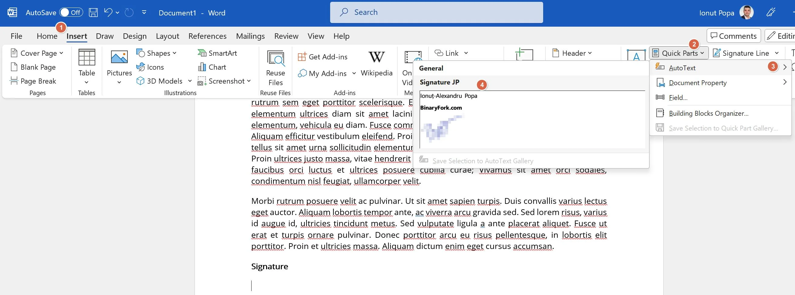 microsoft word 插入快速部件自动文本