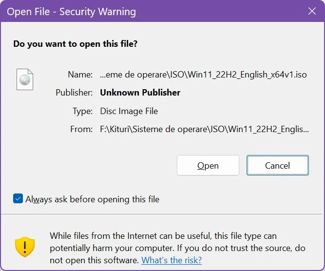 open iso disk image warning windows