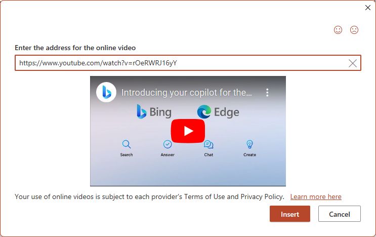 powerpoint insert online video dialog box youtube thumbnail