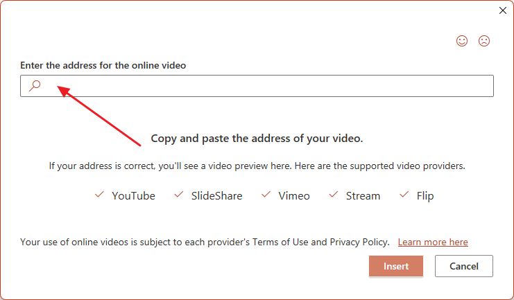 powerpoint insert online video dialog box