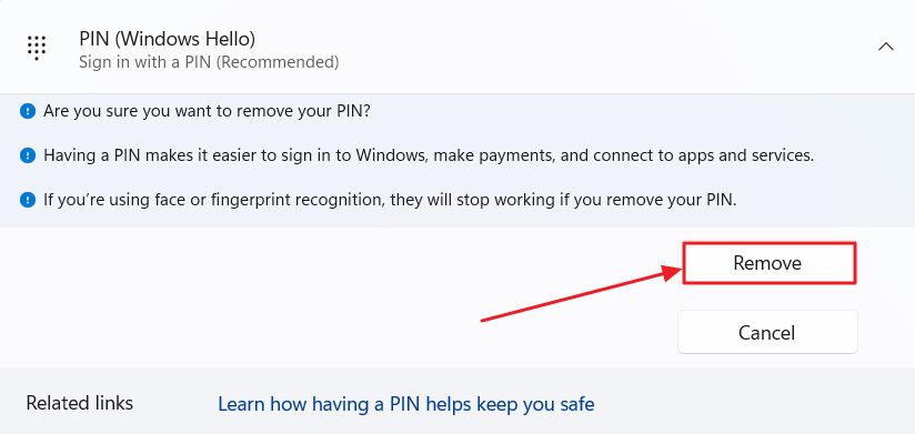 windows hello remove pin confirmation