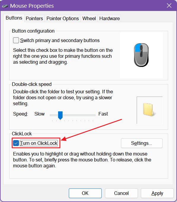 windows mouse properties clicklock