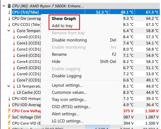 hwinfo cpu temperatures show graph add to tray
