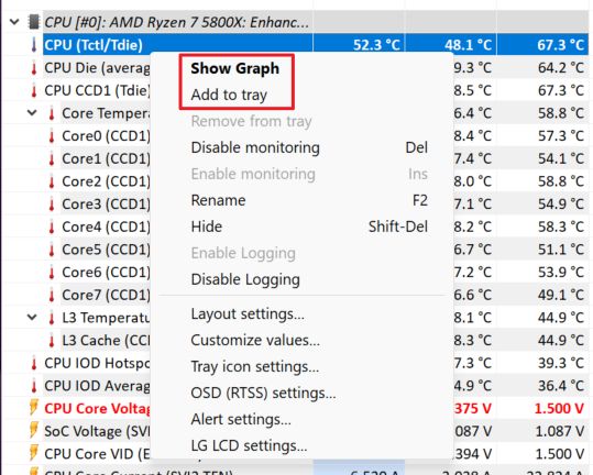 hwinfo temperature cpu mostra il grafico aggiungi alla barra delle applicazioni