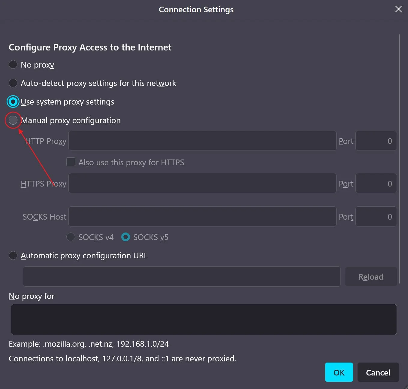 mozilla firefox proxy connection settings