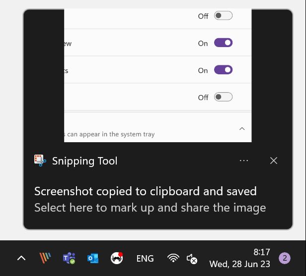 snipping tool system notification