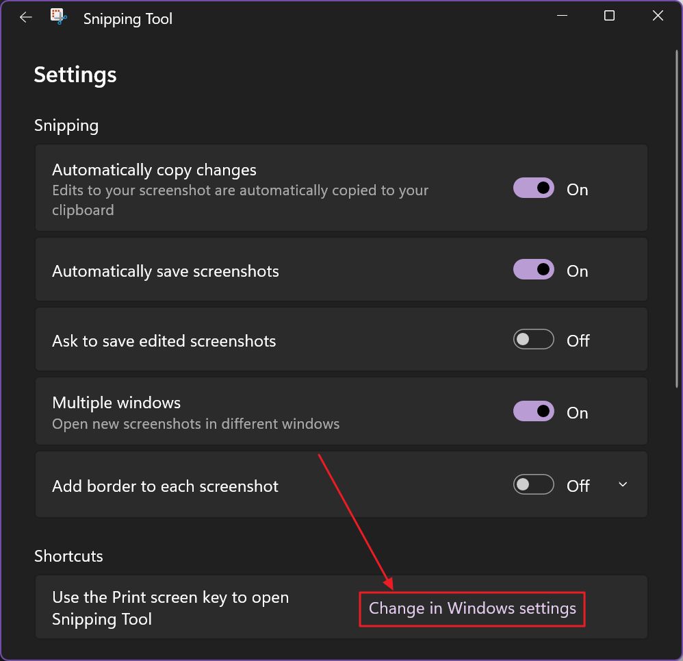 use the print screen key to open the snipping tool change in windows settings