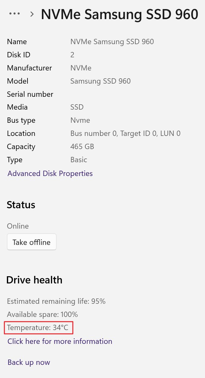 windows settings disks and volumes drive temperature