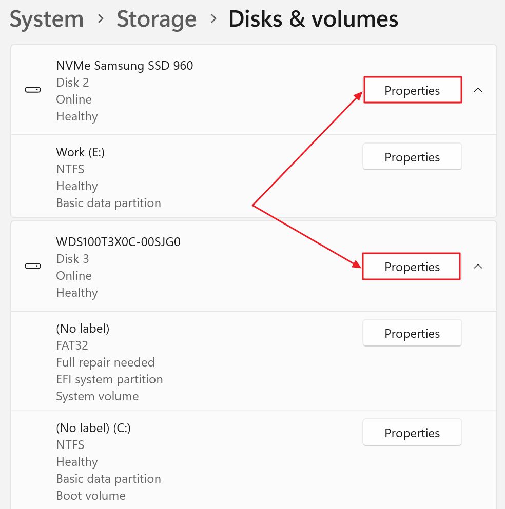 paramètres windows propriétés des disques et des volumes