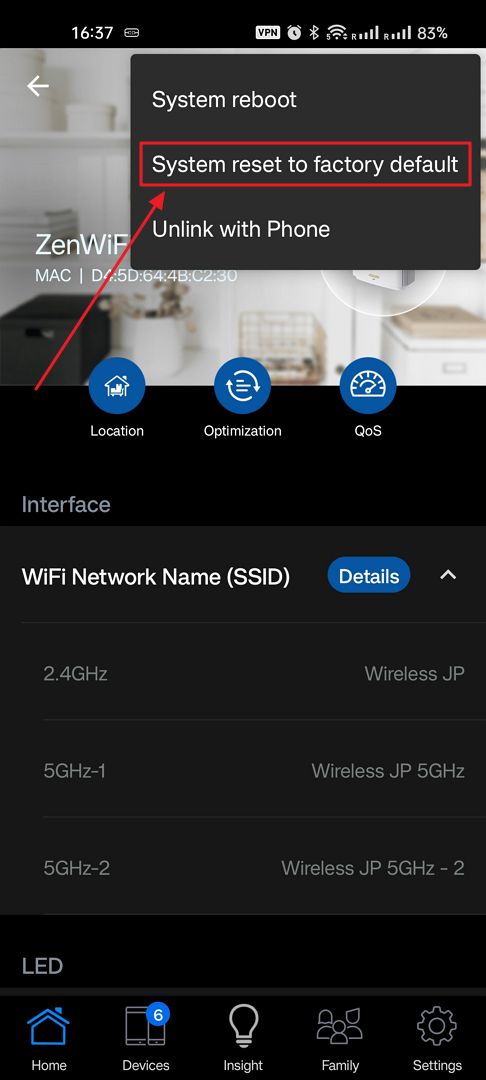 asus router app system reset selected router to factory default