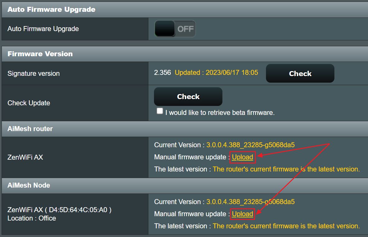 caricamento manuale del firmware del router asus