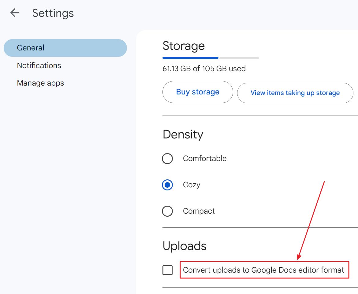 convierte automáticamente las subidas al formato editor de google docs